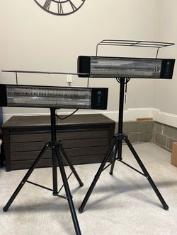 2 Matching Utilitech 1500W Infrared Patio Heaters with Remotes & Tripod Stands