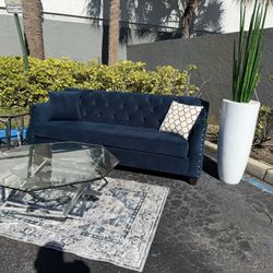 Beautiful Green Blue Teal Turquoise Velvety Modern Sofa Couch Sectional Living Room With Middle Coffee Table With Side End Tables Glass Modern