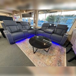 2PC Gray Power recliner sofa set loveset and sofa with LED USB wireless chargers