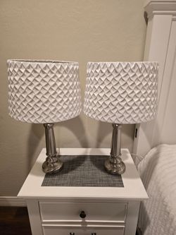 Two Brushed Nickel Lamps with White Lamp Shades