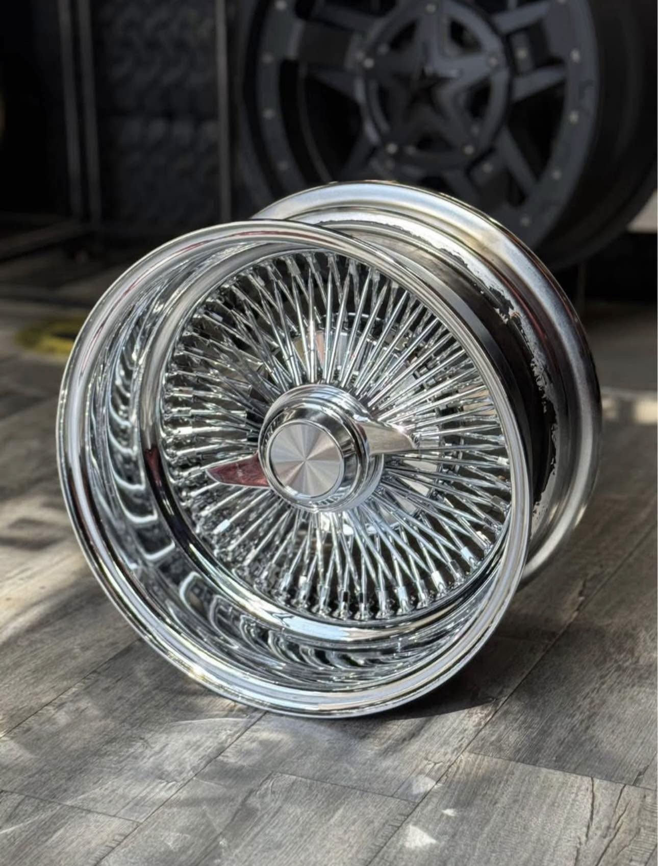 14x7 Wire Wheels Reverse 100 Spoke Chrome 2 bar Knockoff Adapter Hammer Rims Tires Package 175/70R14