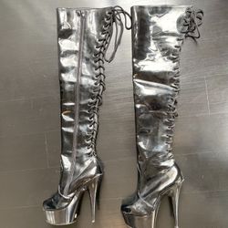 Thigh High Black Leather Heel Boots