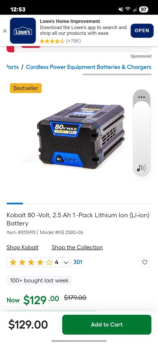 KOBALT 80v MAX 2.5-Ah Lithium-Ion Battery
