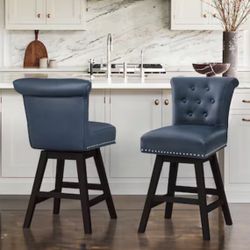 LUE BONA Blue/Faux leather 25.8-in H Counter height Upholstered Swivel Wood Bar Stool 2 -Pack