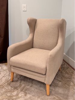 Beige Modern Wingback Accent Arm Chair with Linen Upholstery, Solid Ash Wood Legs and Nailhead Trim
