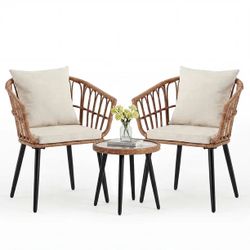 3-Piece Outdoor PE Rattan Patio Furniture Set Beige Cushions