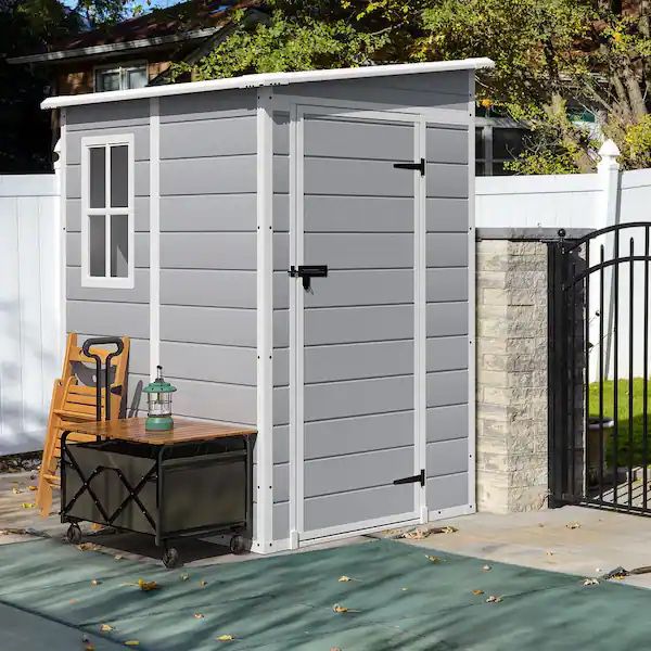 Brand New 5 ft. W x 4 ft. D Matte Gray Patio Resin Shed Extruded Plastic Outdoor Storage Shed with Window and Floor 16.6 sq. ft，$250，