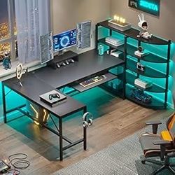 L Shaped Gaming Desk, 63'' Reversible Computer Desk with Power Outlet and Storage Shelves, Corner Gaming Desk with LED Lights, Bookshelf for Home Offi