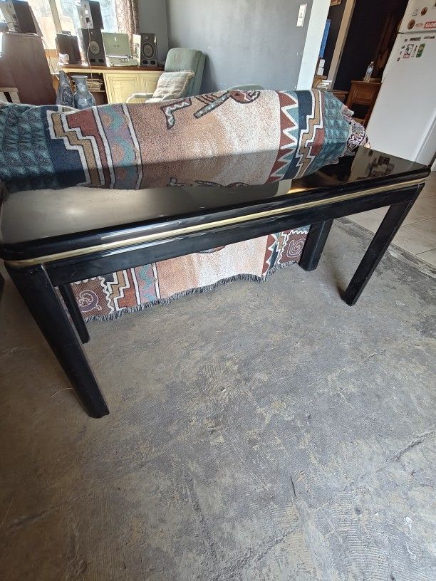 Post-Modern Art Deco Black Lacquer Console/Entry/Sofa Table With Golden Brass Inlay