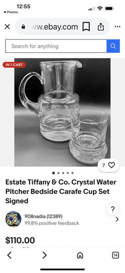  Tiffany & Co. crystal bedside water carafe pitcher and tumbler set