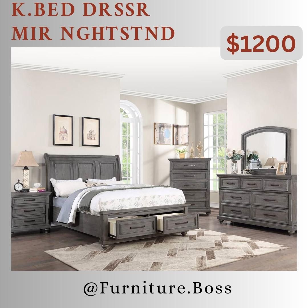 Grey Bedroom Set - King Bed Dresser Mirror Nightstand $1200