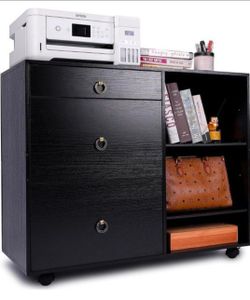 Mobile Filing Cabinet 3 Drawer Wood Lateral File Cabinet and 2 Open Shelf for Documents, Paper,Hanging File Folders, Black
