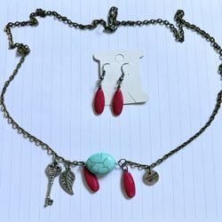 Pink and blue necklace and earrings set