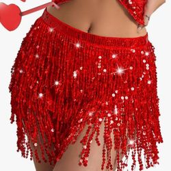 Red Women's Sequin Fringe Skirt Sparkle Tassel Skirts Belly Dance Hip Scarf for Women and Girls Festival Party Rave Costume
