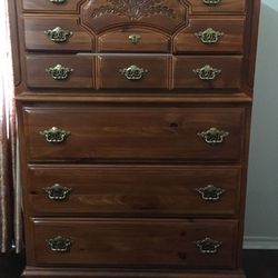 King size full wooden bedroom set complete bed, chest of drawers, dresser with mirror (design is not on mirror), nightstand. Mattress not included