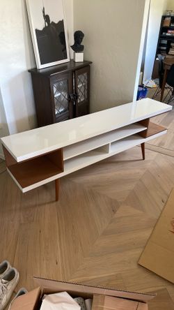 Mid-Century style white and wood entertainment center
