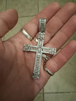 Large Rhodium Plated CZ Cross Pendant 