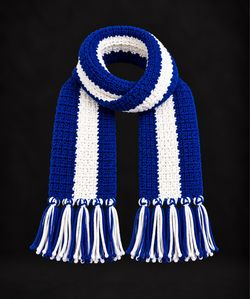 Blue and White Striped Crochet Scarf with Fringe