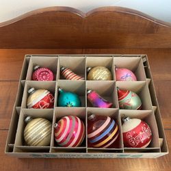 Box (no lid) of 12 Vintage Christmas Ornaments Shiny Brite Poland Mica Bells 2”-3” wide 