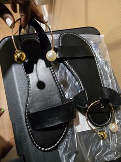 Sandals, black with gold tone bangle