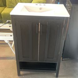 24" Wood Vanity Cabinet Set With Ceramic Sink, 2 Doors and Open Shelf - Modern Black Bathroom Sink Cabinet ,Black (Faucet Not Included)