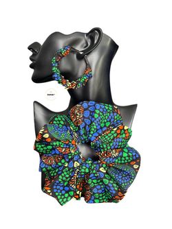 Handmade African Ankara Print Scrunchie & Hoop Earring Set | Green Floral