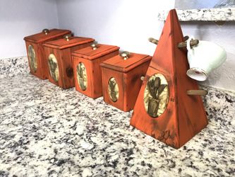 VINTAGE WOOD CANISTER SET of 5/ Antique/