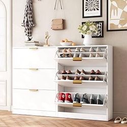 Shoe Rack Cabinet with 3 Flip Drawers, Narrow Shoe Storage Cabinet with Adjustable Shelf, Freestanding Shoe Organizer for Entryway, Hallway, White