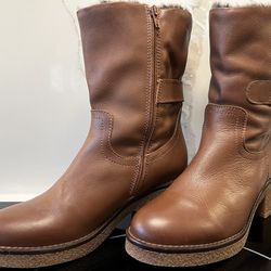 Carmela leather boots women’s faux fur lined zippered heeled mid calf brown