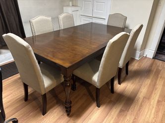 Wood Dining Table with Leaf + 6 Upholstered Chairs - Seats 6