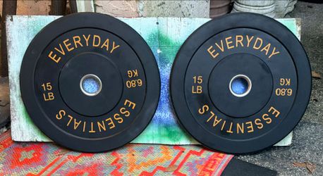 PAIR  OF  NEW  15 LB.  BUMPER  PLATES  •  Also Have 55s 35s 25s 10s  RUBBER BUMPERS