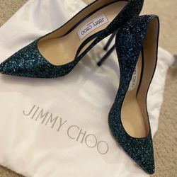 JIMMY CHOO Coarse glitter degrade pointy toe romy 100 pump 37 BLUE MERMAID