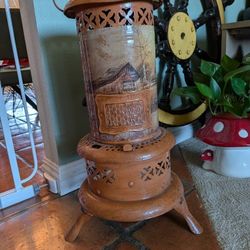 Mid/Late Century Decoupaged Antique Perfection Oil Heater/Stove Farmhouse Decor Plant Stand, Side Table