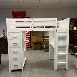 White Twin Size High Loft Bed Frame With Storage