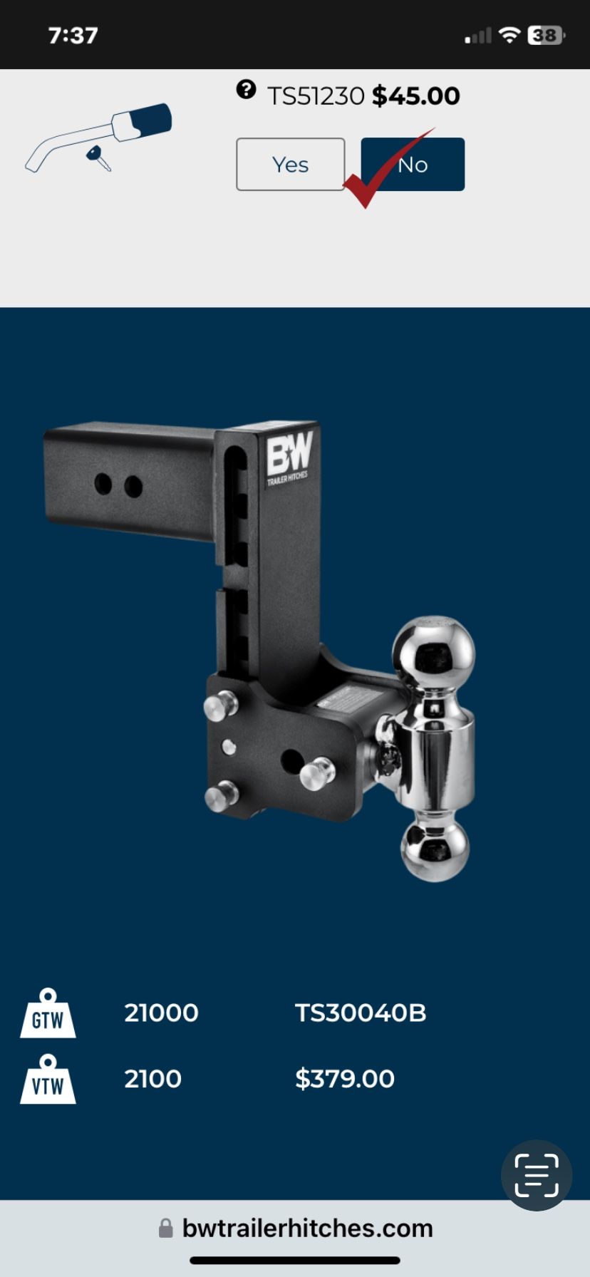 B&W Tow n Stow Adjustable Hitch Stainless Steel Locking pin