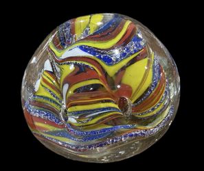 Art Glass Paperweight clear with blue red yellow swirls bubbles ribbons