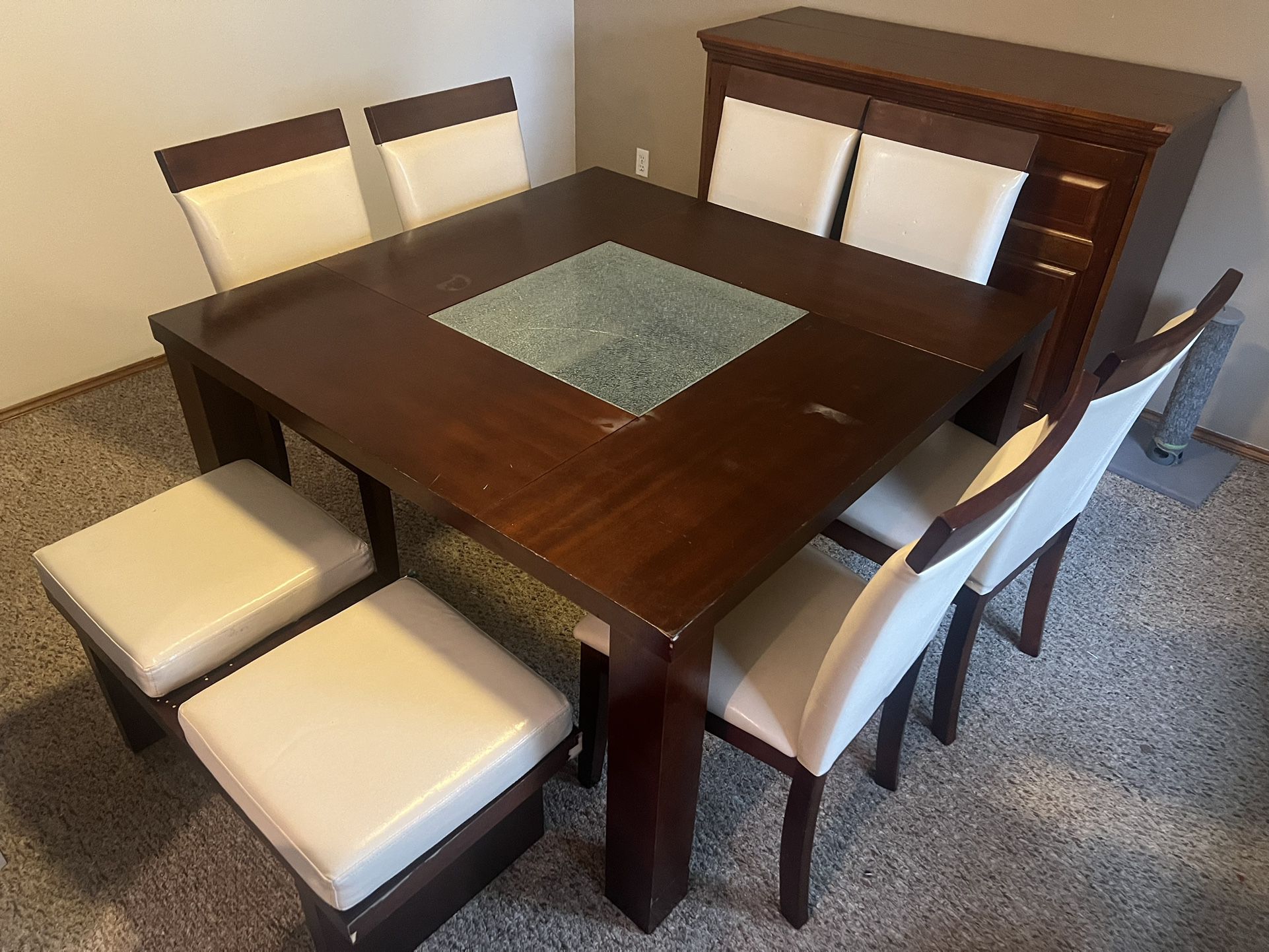 Table, 8 chairs and wood furniture