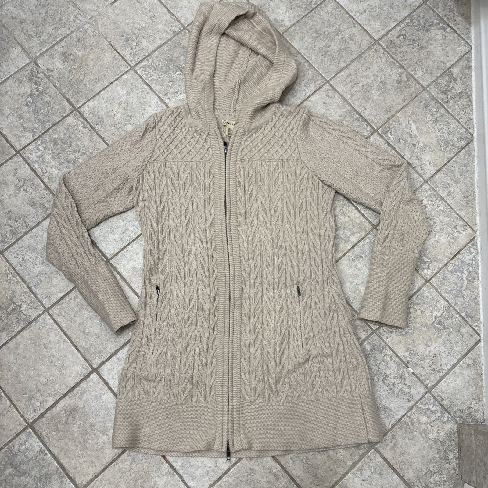 Akini Womens Hooded Wool Blend Mid Length Cardigan Yoga Sweater Sz L: Oatmeal