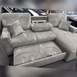 Smoke Corduroy Sectional Pullout Bed  Drop Down Table