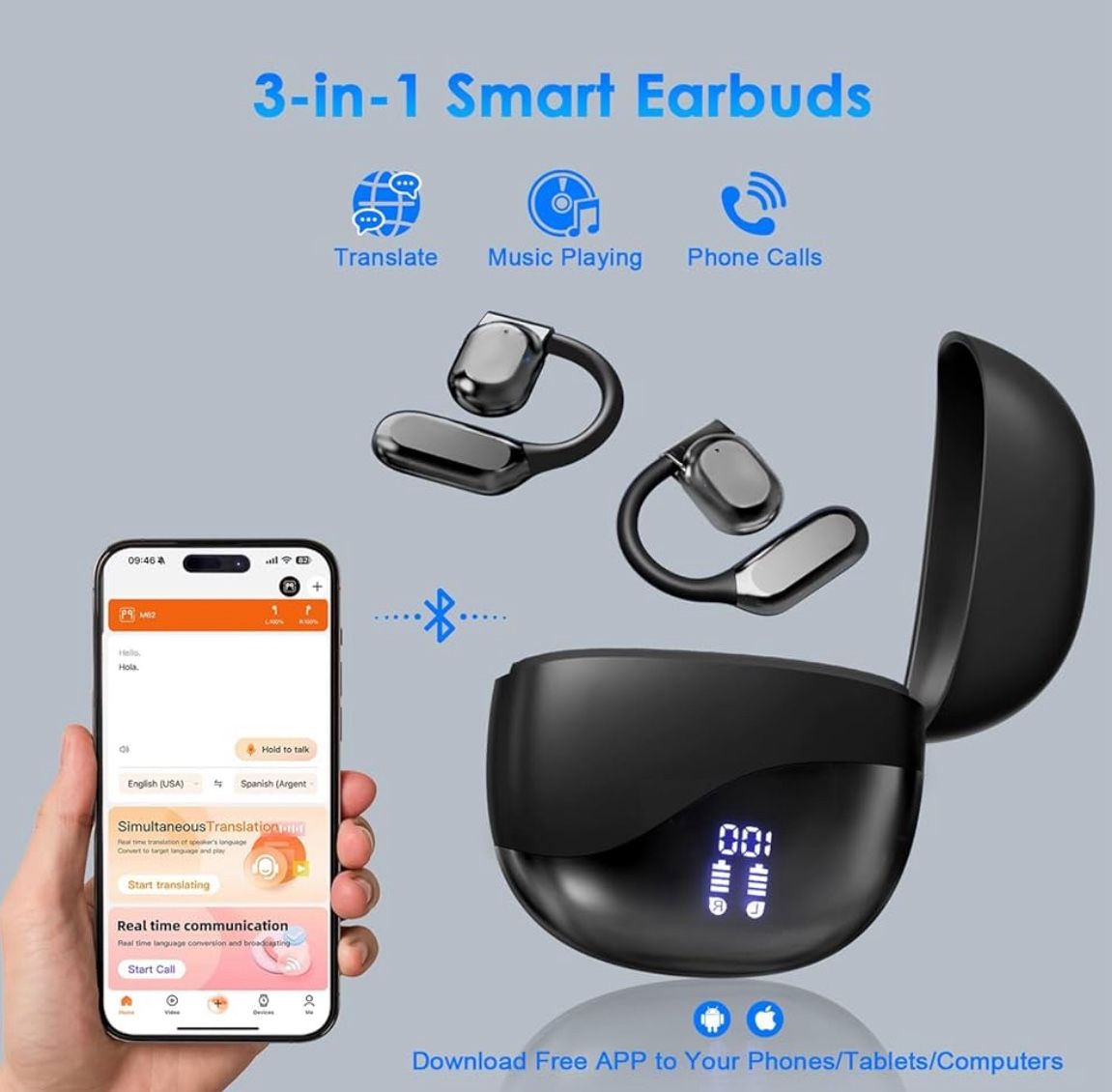 AI Translation Earbuds Real Time, 144 Language Translator Earbuds for iPhone and Android 3-in-1 Translation Headphones Translating Device for Travel