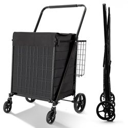 Folding Shopping Cart with Waterproof Liner, Grocery Cart Large Bag with Top Cover, 400 Lb Capacity, Utility Cart with 360° Rolling Swivel Wheels, Ext