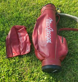 MAC GREGOR vintage red leather golf bag with rain cover