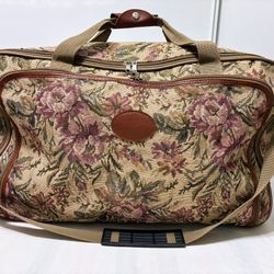 Vintage wheeled soft sided Victorian tapestry luggage bag 