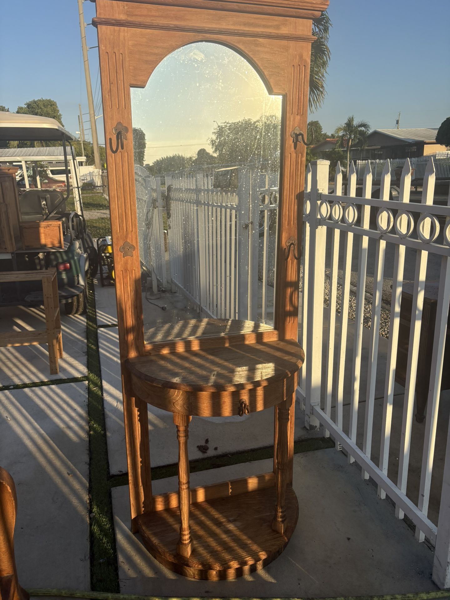 100% Wooden Rustic Hall Tree Table With Mirror And Hooks