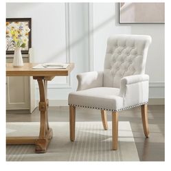 Fabric Dining Chair with Arms, Upholstered Tufted High Back Dining Room Chairs, Accent Armchair with Solid Wood Leg and Nailhead(DD8)