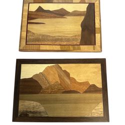 Vintage Set x 2 Carved Wood Inlay Marquetry Mountain Art Decor Hanging Panels