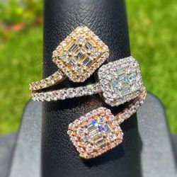 Jewelry 14k solid tri tone gold natural baguette diamond 0.84CTW bypass ring 7.50