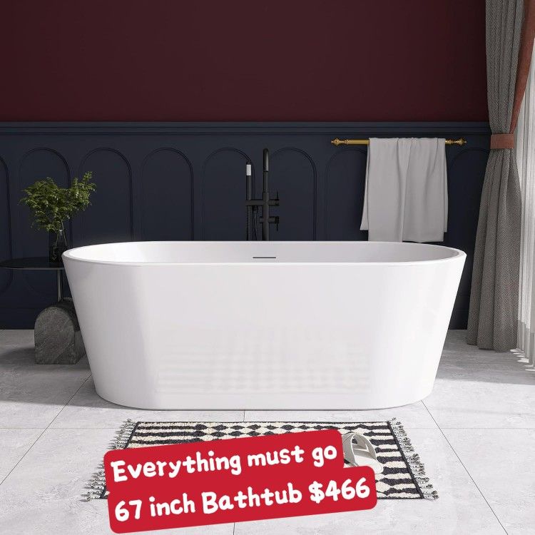67 inch Freestangding Bathtub,Bath Tub, Soaking Tub – Oval Acrylic Bathtubs