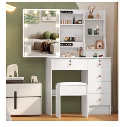 New in the box Small Vanity Desk with Mirror and Lights, 32" Makeup Vanity Table with Sliding Mirror, Drawers and Chair, Hollywood Vanity with 3 Modes