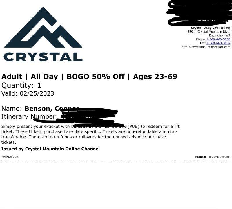 Crystal Mountain Ski, Snowboard Day Pass